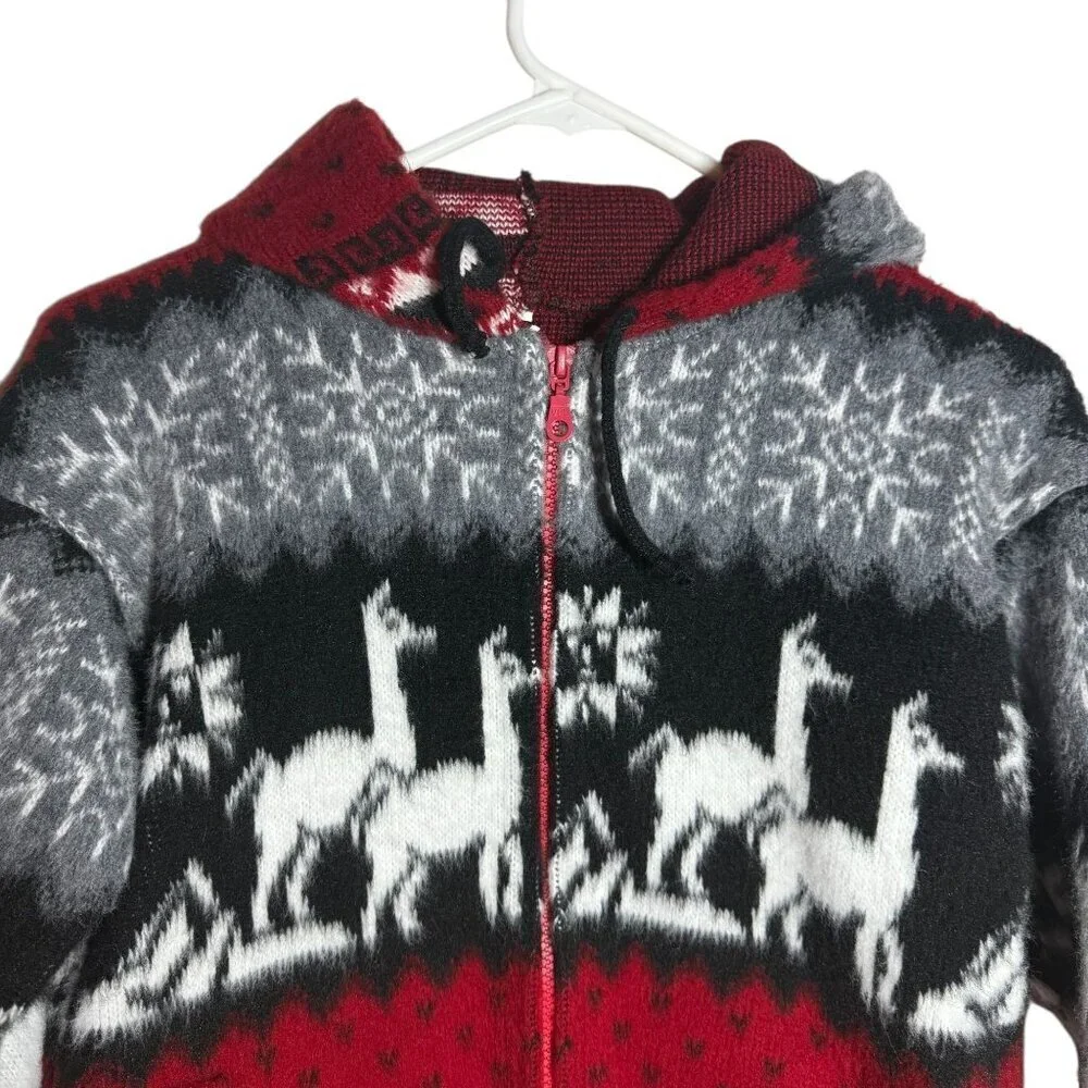 Boys Alpaca Wool Hooded Sweater Jacket Llama Drawstring Hem Red Black size 10